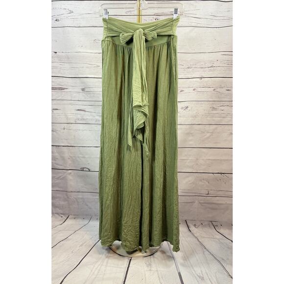 Bellambra Pants - Bellambra Green Linen Wide Leg Pants Small Stretch Waist Tie Front Boho Lounge